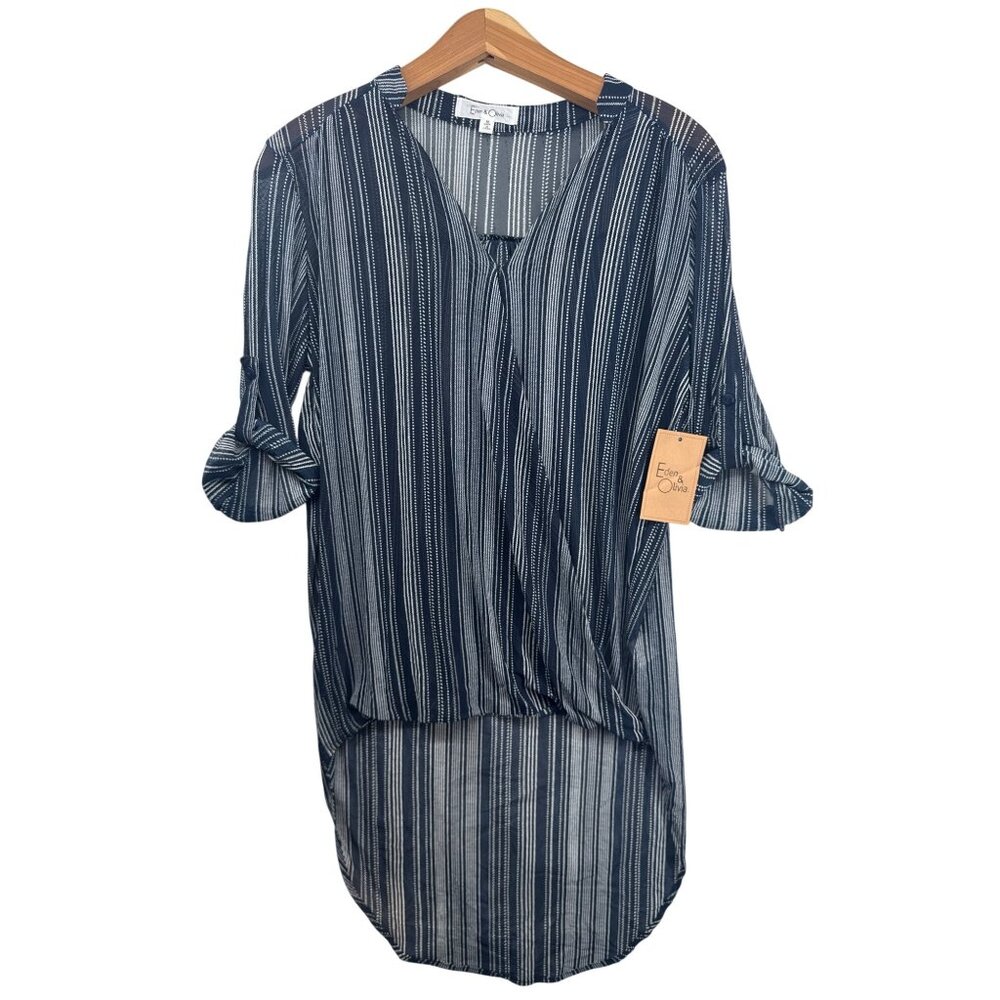 NWT Eden & Olivia Womens Top Sz M Navy Striped High-Low Hem Tunic Modern Sheer